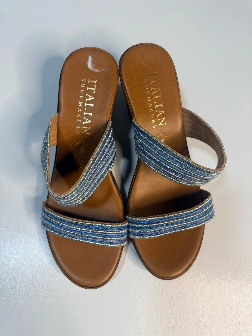 Italina Blue Striped Fabric Wedge Sandals